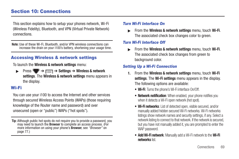 Section 10: connections, Accessing wireless & network settings, Wi-fi | Accessing wireless & network settings wi-fi | Samsung SCH-I100ZKAXAR User Manual | Page 73 / 130