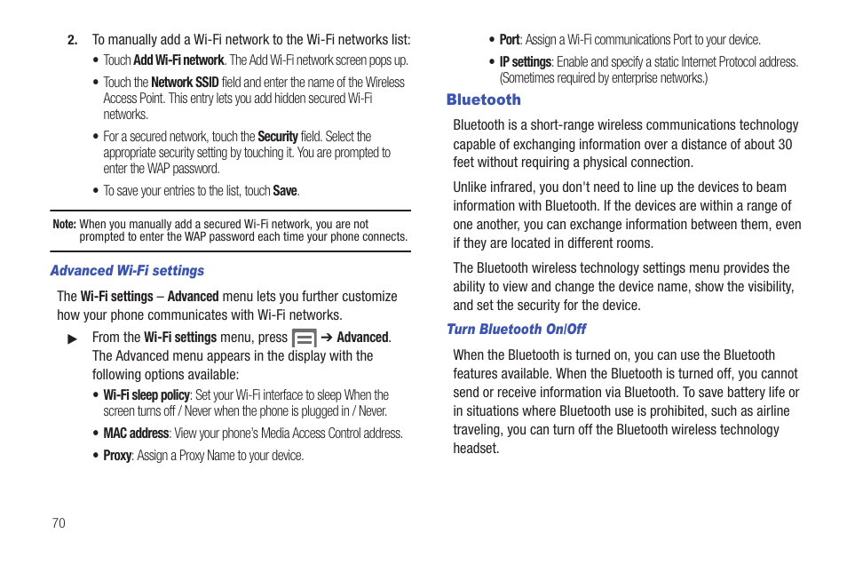 Bluetooth | Samsung SCH-I100ZKAXAR User Manual | Page 74 / 130