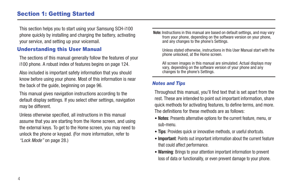 Section 1: getting started, Understanding this user manual | Samsung SCH-I100ZKAXAR User Manual | Page 8 / 130