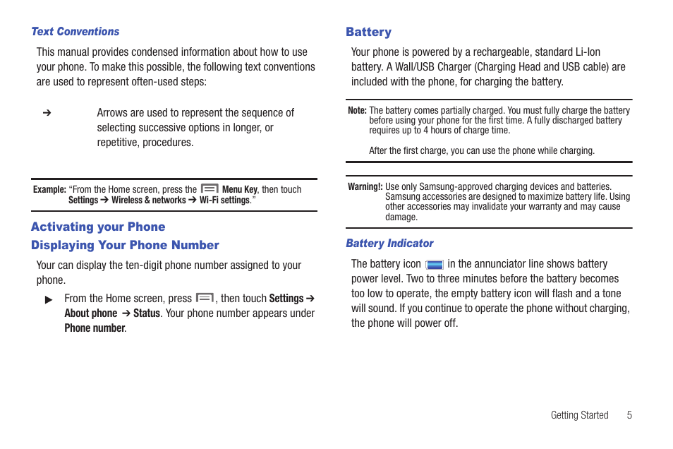 Activating your phone, Displaying your phone number, Battery | Samsung SCH-I100ZKAXAR User Manual | Page 9 / 130