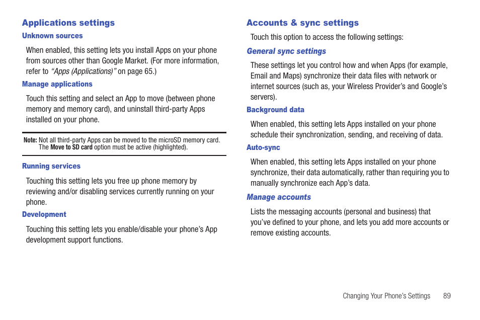 Applications settings, Accounts & sync settings, Applications settings accounts & sync settings | Samsung SCH-I100ZKAXAR User Manual | Page 93 / 130