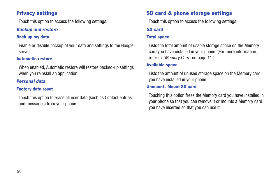 Privacy settings, Sd card & phone storage settings, Privacy settings sd card & phone storage settings | Samsung SCH-I100ZKAXAR User Manual | Page 94 / 130