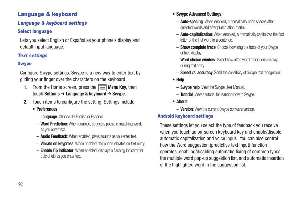 Language & keyboard | Samsung SCH-I100ZKAXAR User Manual | Page 96 / 130