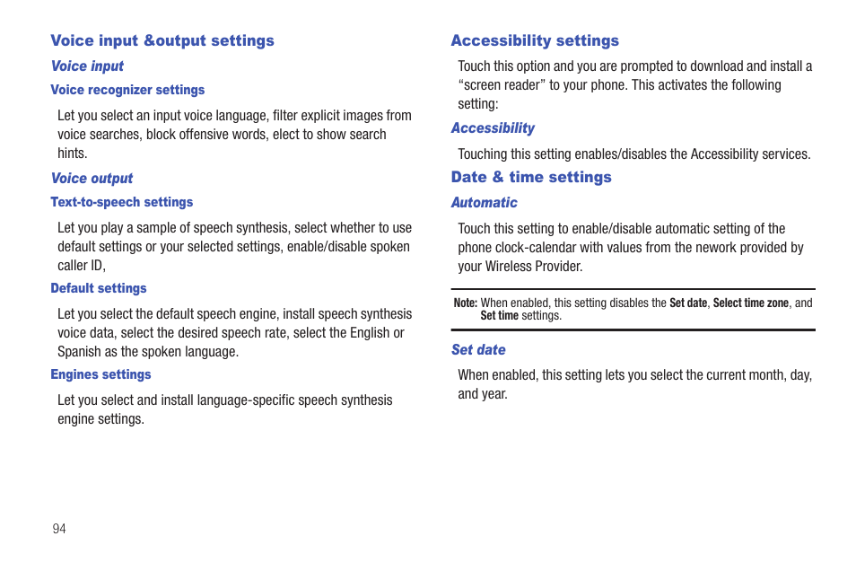 Voice input &output settings, Accessibility settings, Date & time settings | Samsung SCH-I100ZKAXAR User Manual | Page 98 / 130