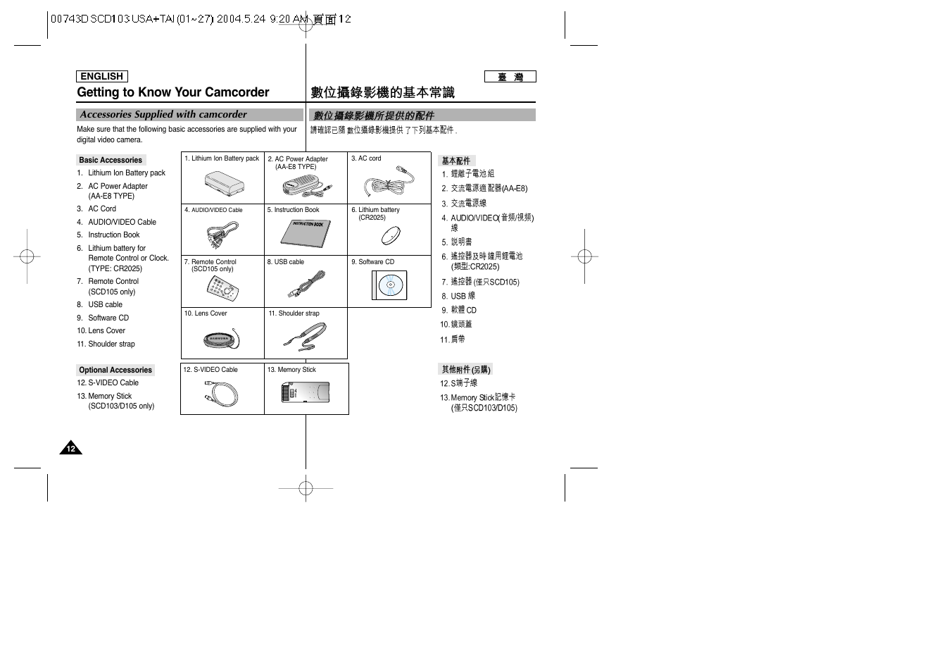 Getting to know your camcorder | Samsung SC-D103-XAP User Manual | Page 12 / 107