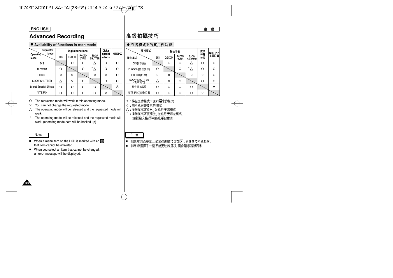 Advanced recording | Samsung SC-D103-XAP User Manual | Page 38 / 107