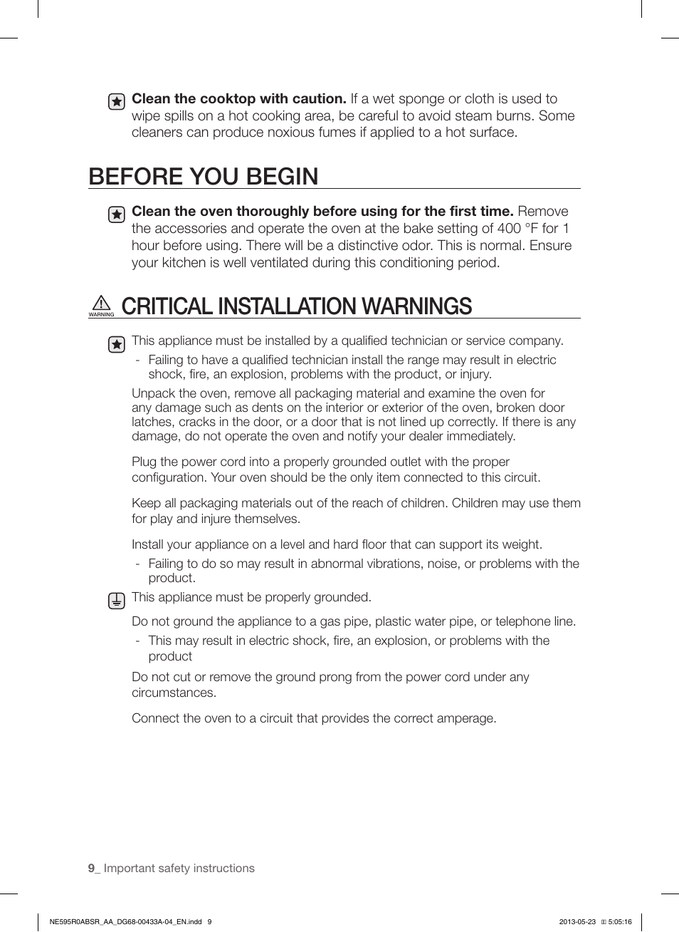 Before you begin, Critical installation warnings | Samsung NE595R0ABWW-AA User Manual | Page 10 / 60