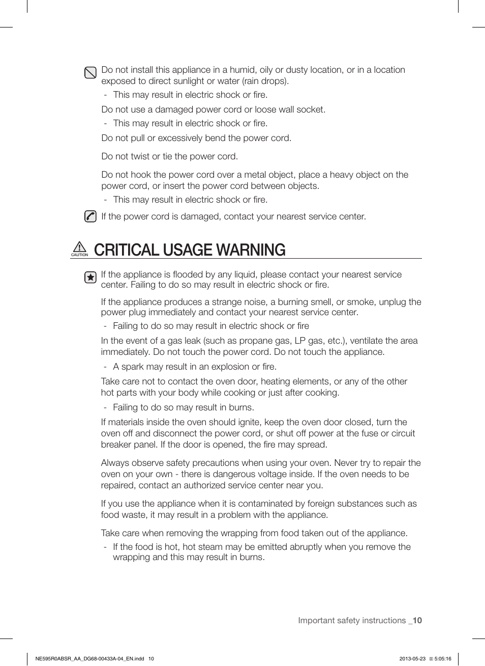 Critical usage warning | Samsung NE595R0ABWW-AA User Manual | Page 11 / 60