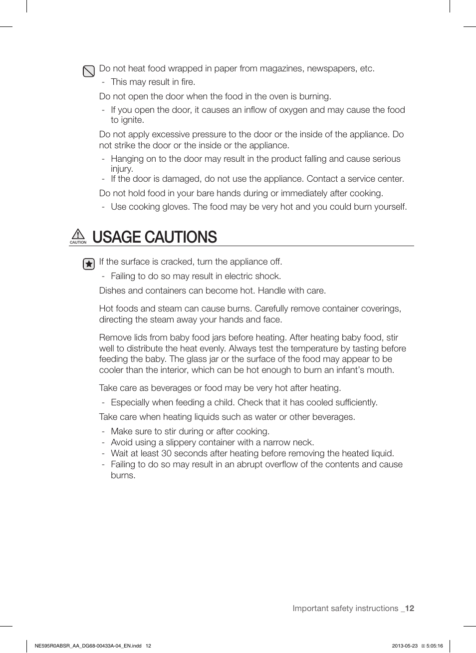 Usage cautions | Samsung NE595R0ABWW-AA User Manual | Page 13 / 60