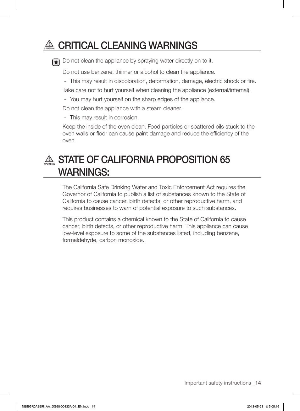 Critical cleaning warnings, State of california proposition 65 warnings | Samsung NE595R0ABWW-AA User Manual | Page 15 / 60