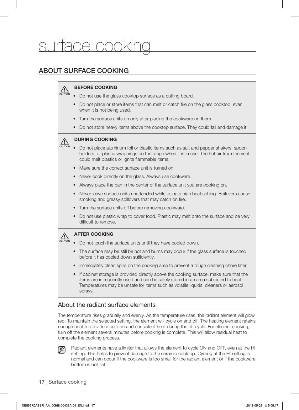 Surface cooking, About surface cooking, About the radiant surface elements | Samsung NE595R0ABWW-AA User Manual | Page 18 / 60