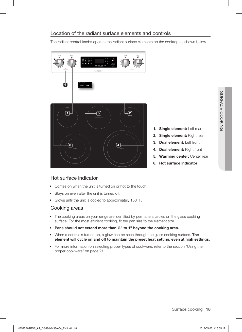 Hot surface indicator, Cooking areas | Samsung NE595R0ABWW-AA User Manual | Page 19 / 60