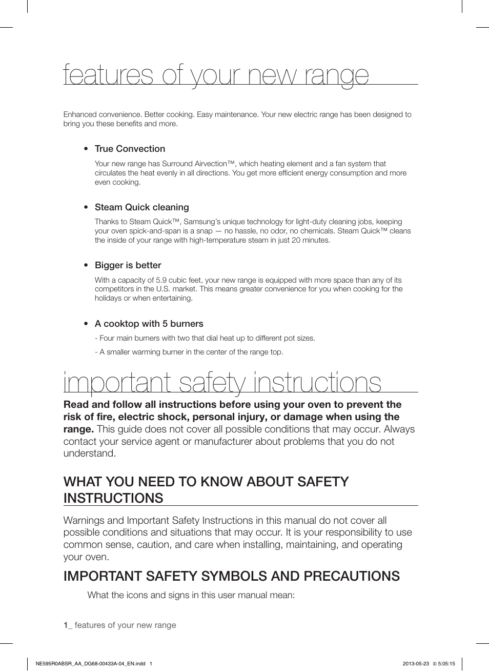 Features of your new range, Important safety instructions, What you need to know about safety instructions | Important safety symbols and precautions | Samsung NE595R0ABWW-AA User Manual | Page 2 / 60