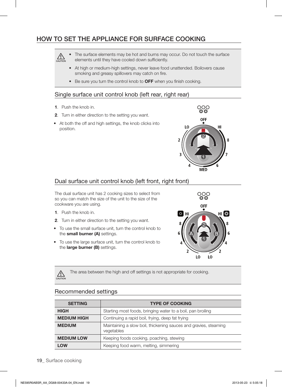 How to set the appliance for surface cooking, Recommended settings | Samsung NE595R0ABWW-AA User Manual | Page 20 / 60