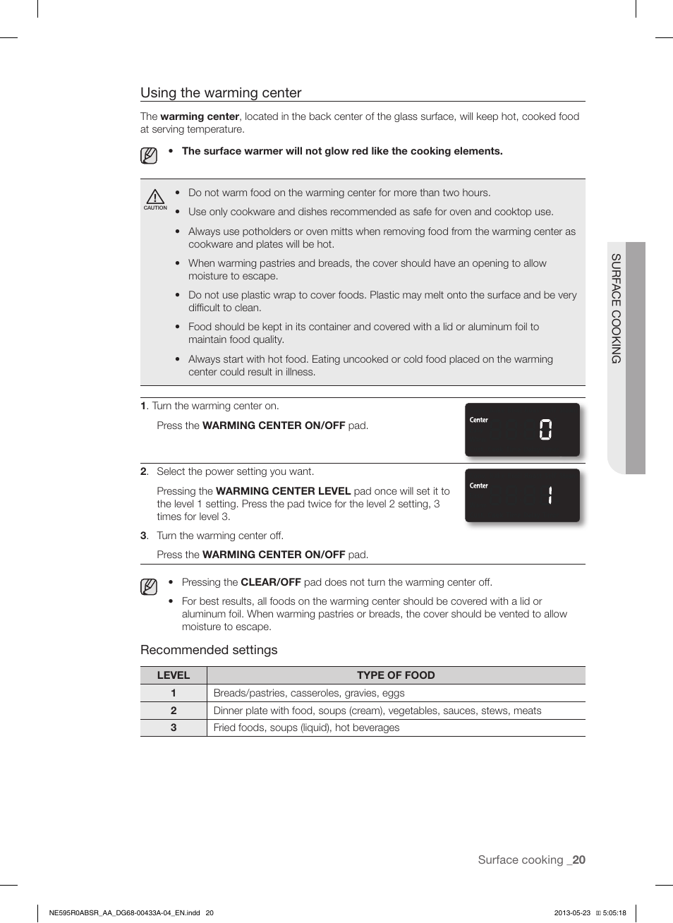Using the warming center, Recommended settings | Samsung NE595R0ABWW-AA User Manual | Page 21 / 60