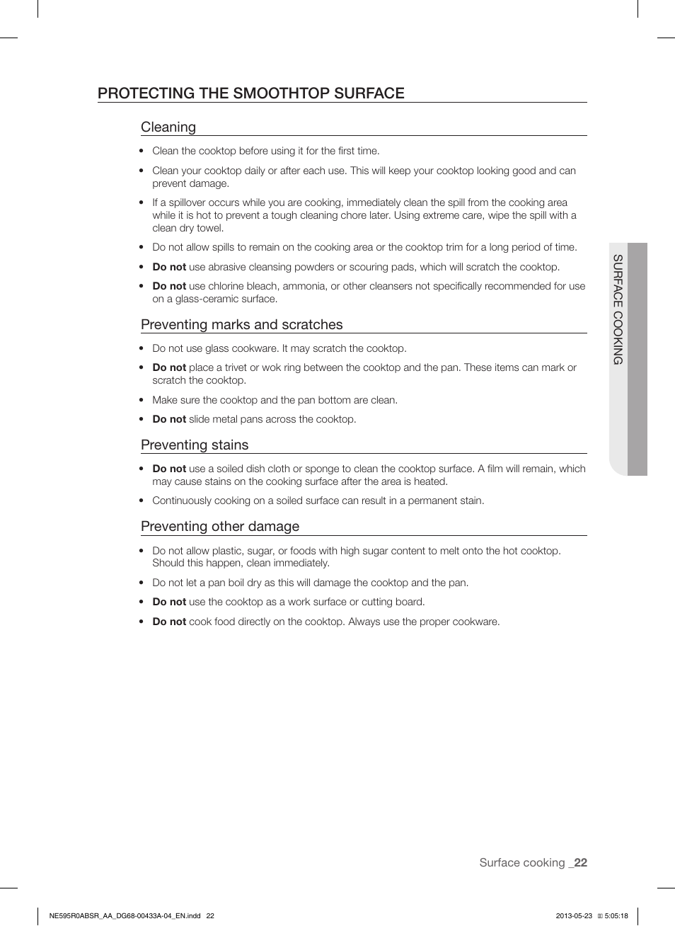 Protecting the smoothtop surface, Cleaning, Preventing marks and scratches | Preventing stains, Preventing other damage | Samsung NE595R0ABWW-AA User Manual | Page 23 / 60