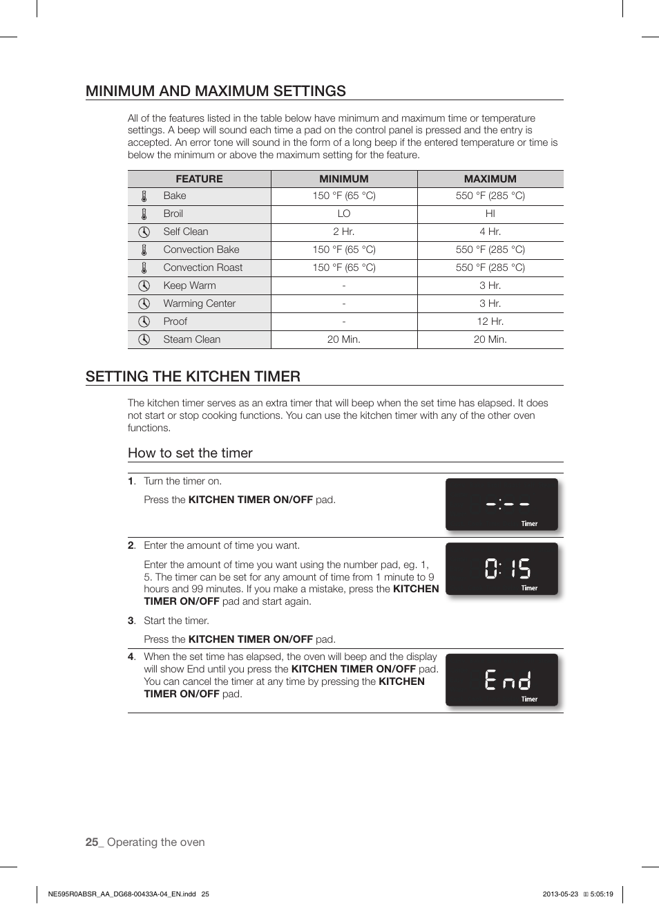 Minimum and maximum settings, Setting the kitchen timer, How to set the timer | Samsung NE595R0ABWW-AA User Manual | Page 26 / 60