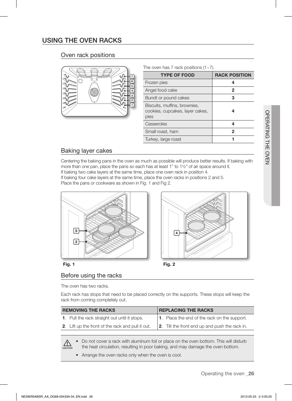 Using the oven racks, Oven rack positions, Baking layer cakes | Before using the racks | Samsung NE595R0ABWW-AA User Manual | Page 27 / 60