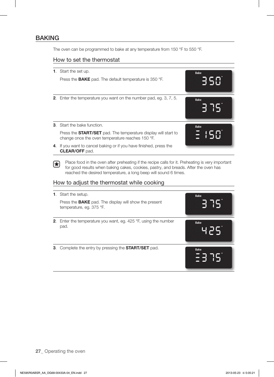 Baking, How to set the thermostat, How to adjust the thermostat while cooking | Samsung NE595R0ABWW-AA User Manual | Page 28 / 60