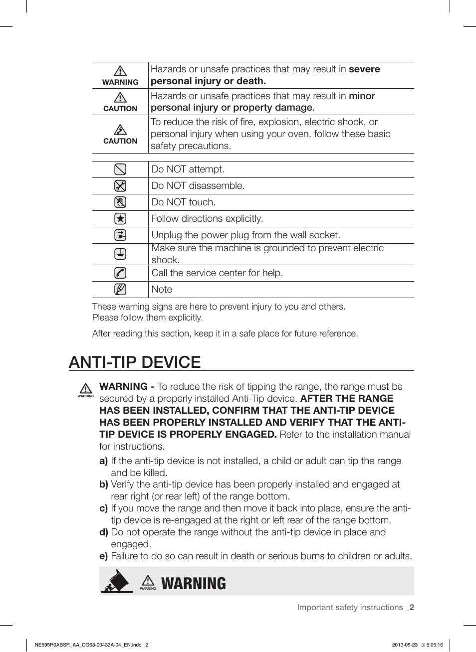 Anti-tip device, Warning | Samsung NE595R0ABWW-AA User Manual | Page 3 / 60