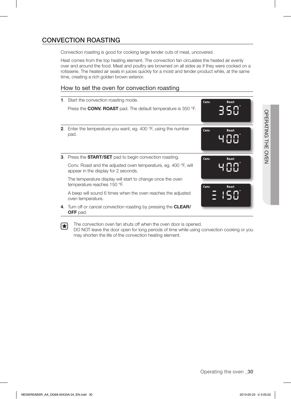 Convection roasting, How to set the oven for convection roasting | Samsung NE595R0ABWW-AA User Manual | Page 31 / 60