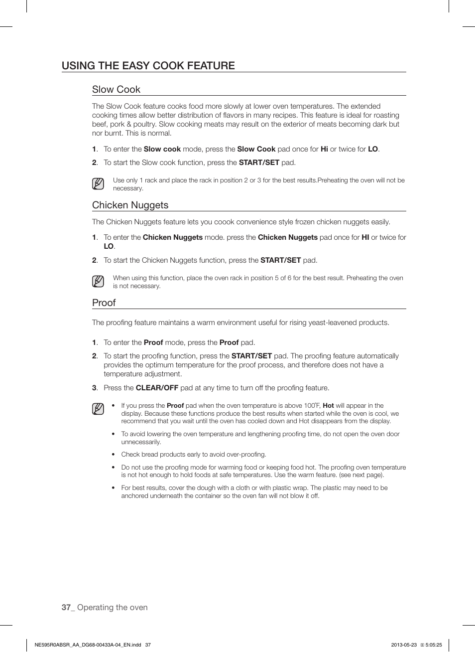 Using the easy cook feature, Slow cook, Chicken nuggets | Proof | Samsung NE595R0ABWW-AA User Manual | Page 38 / 60
