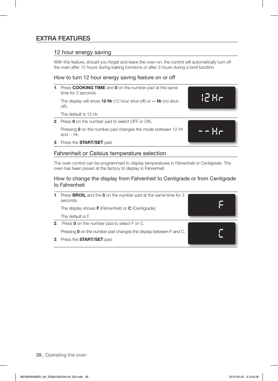 Extra features, 12 hour energy saving, Fahrenheit or celsius temperature selection | Samsung NE595R0ABWW-AA User Manual | Page 40 / 60