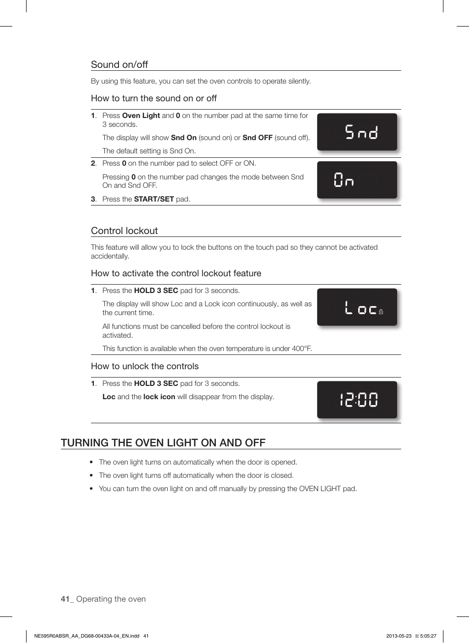 Turning the oven light on and off, Sound on/off, Control lockout | Samsung NE595R0ABWW-AA User Manual | Page 42 / 60