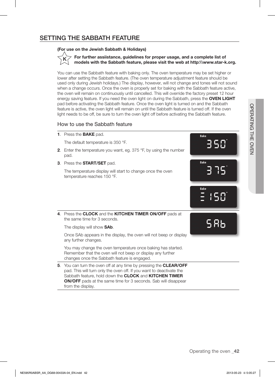 Setting the sabbath feature, How to use the sabbath feature | Samsung NE595R0ABWW-AA User Manual | Page 43 / 60