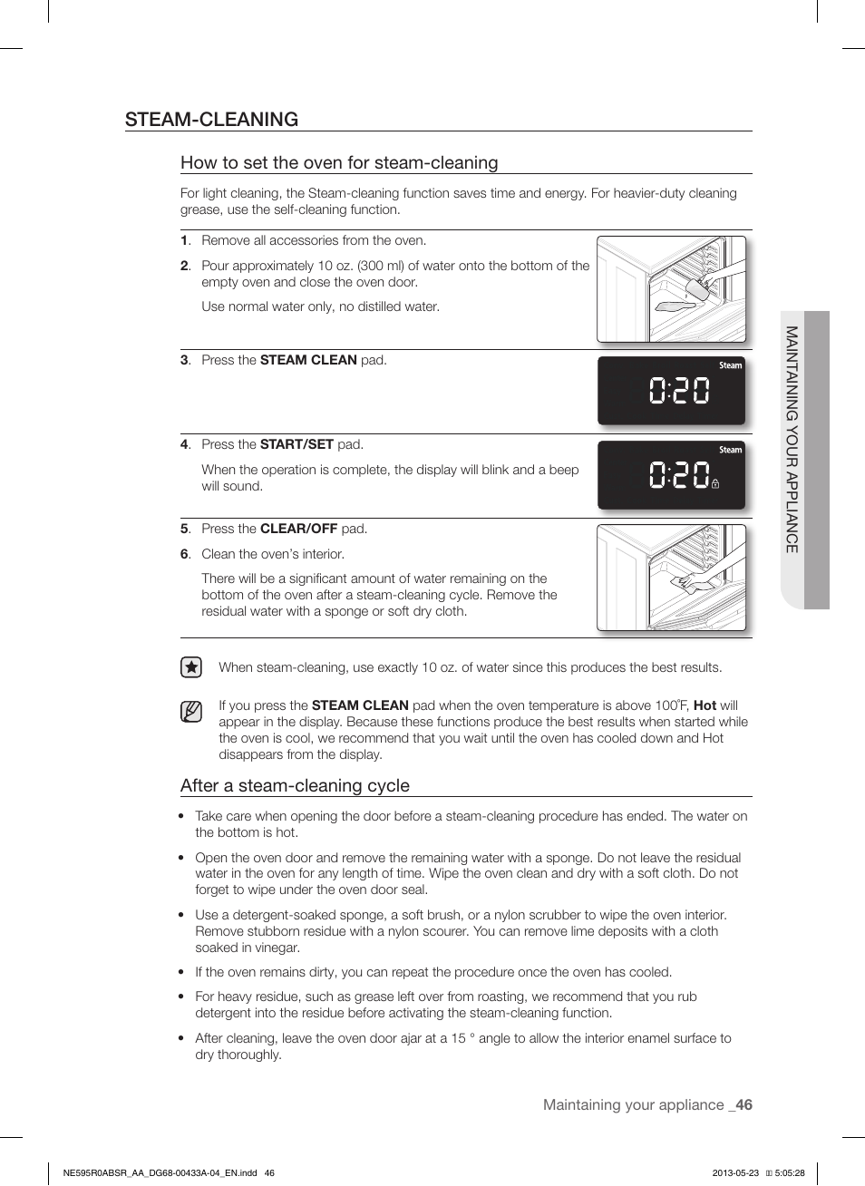 Steam-cleaning, How to set the oven for steam-cleaning, After a steam-cleaning cycle | Samsung NE595R0ABWW-AA User Manual | Page 47 / 60