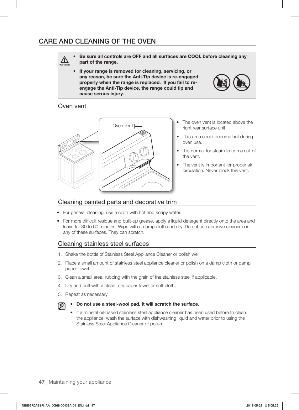 Care and cleaning of the oven, Oven vent, Cleaning painted parts and decorative trim | Cleaning stainless steel surfaces | Samsung NE595R0ABWW-AA User Manual | Page 48 / 60