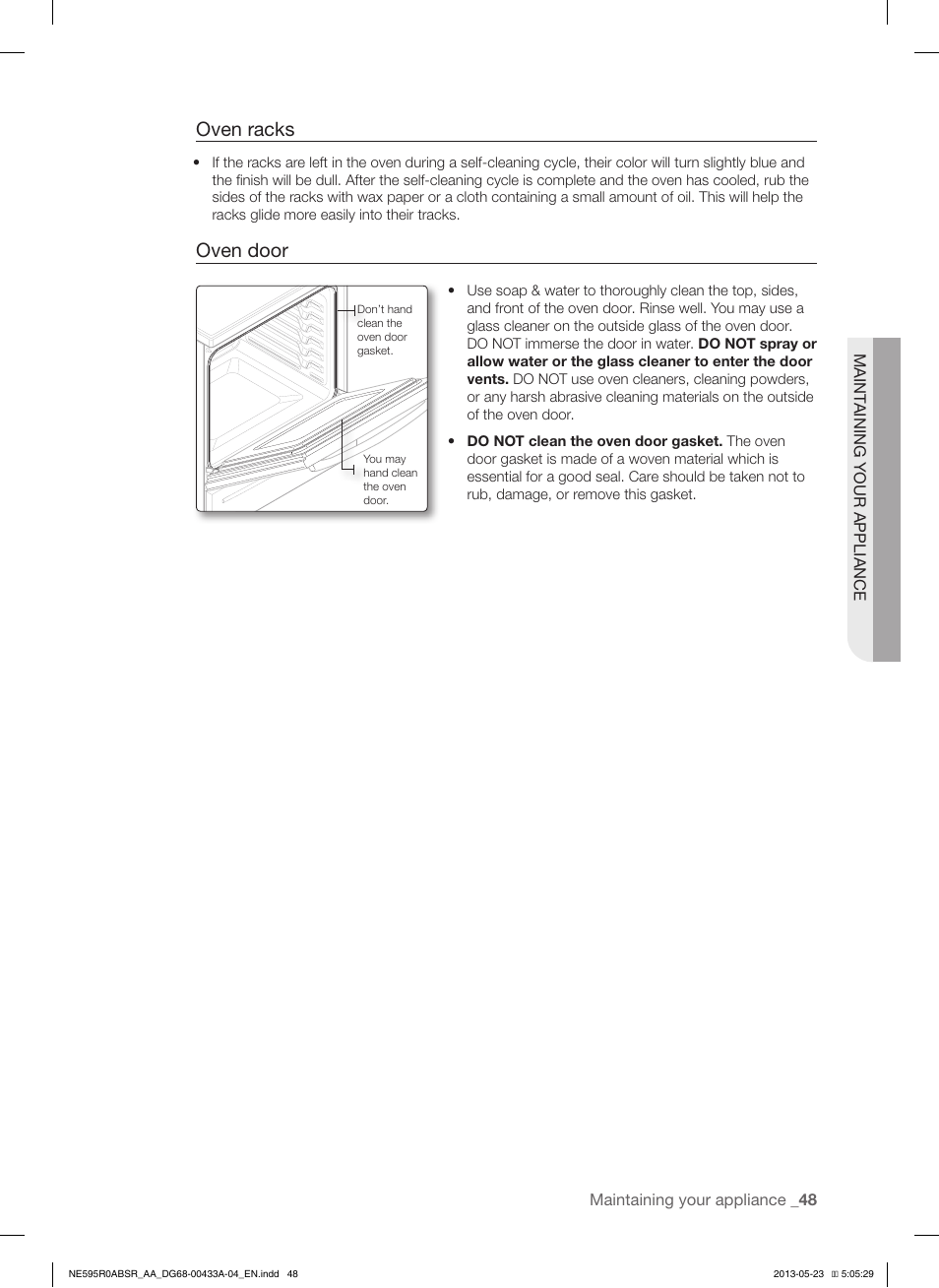 Oven racks, Oven door | Samsung NE595R0ABWW-AA User Manual | Page 49 / 60