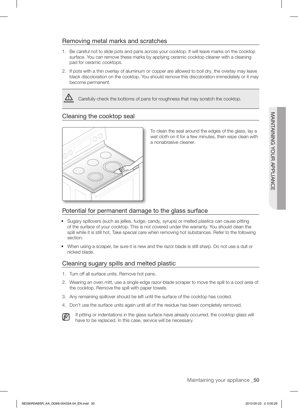 Removing metal marks and scratches, Cleaning the cooktop seal, Cleaning sugary spills and melted plastic | Samsung NE595R0ABWW-AA User Manual | Page 51 / 60