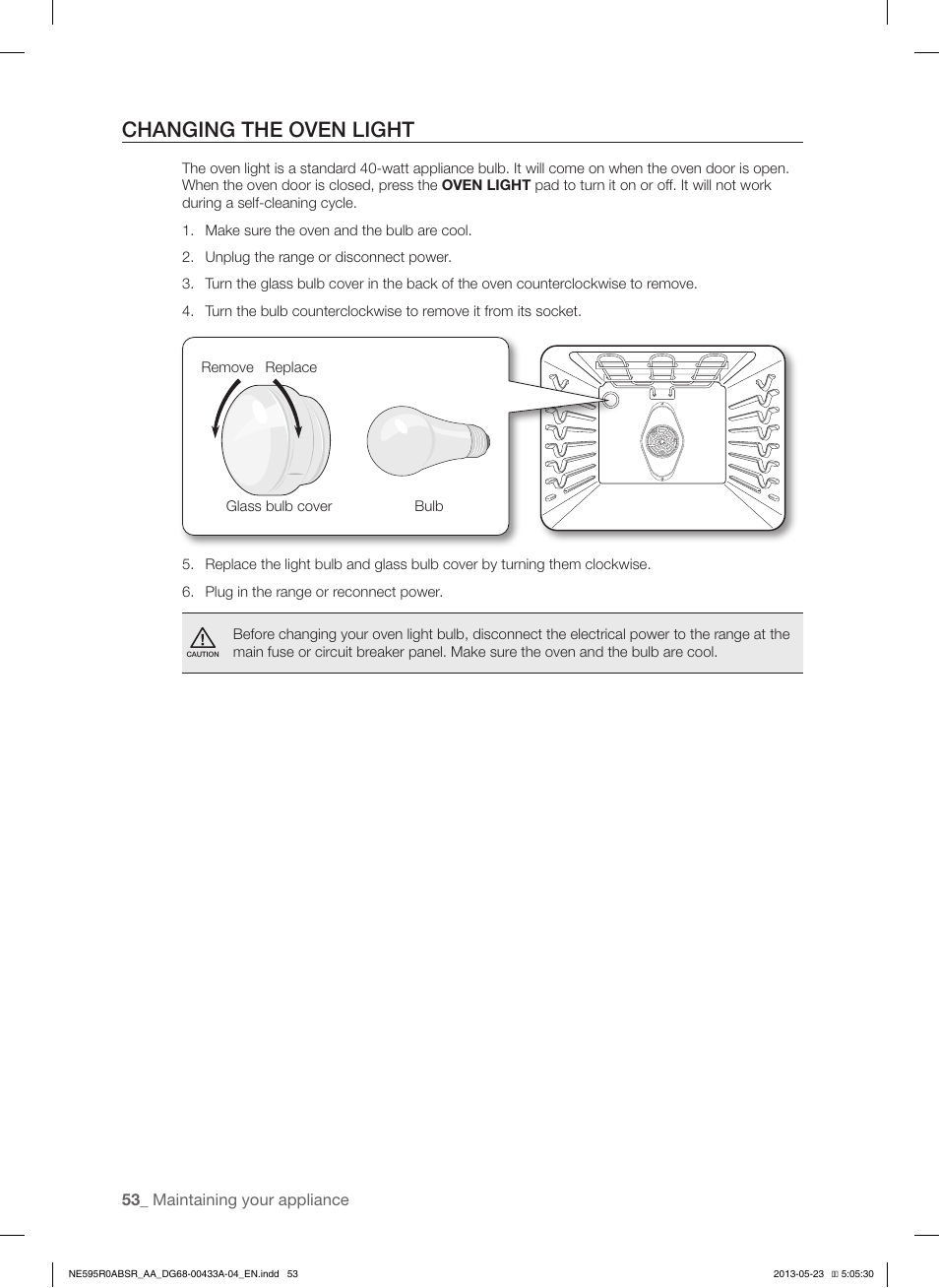 Changing the oven light | Samsung NE595R0ABWW-AA User Manual | Page 54 / 60