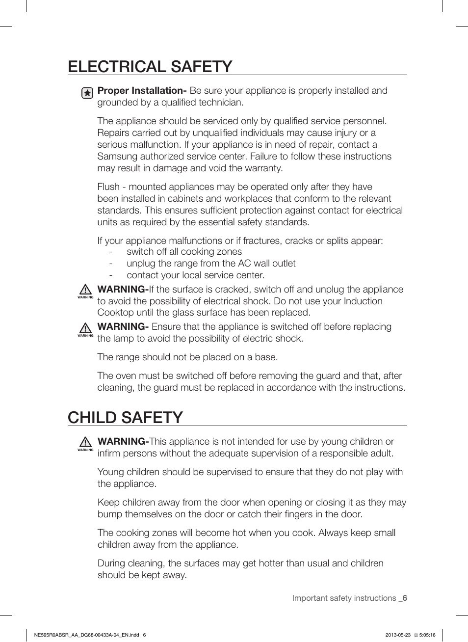 Electrical safety, Child safety | Samsung NE595R0ABWW-AA User Manual | Page 7 / 60