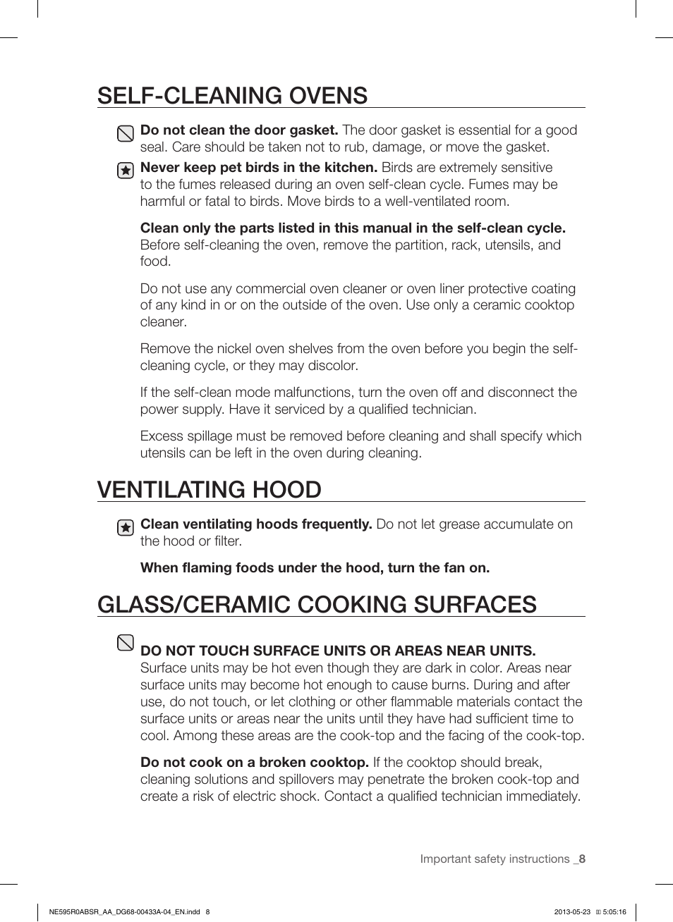 Self-cleaning ovens, Ventilating hood, Glass/ceramic cooking surfaces | Samsung NE595R0ABWW-AA User Manual | Page 9 / 60
