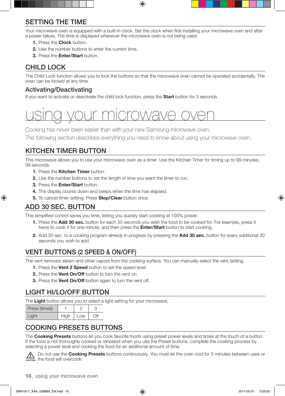 Using your microwave oven, Setting the time, Child lock | Kitchen timer button, Add 30 sec. button, Vent buttons (2 speed & on/off), Light hi/lo/off button, Cooking presets buttons | Samsung SMH1611B-XAA User Manual | Page 10 / 48