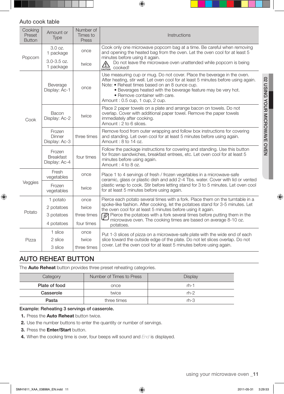 Auto reheat button, Auto cook table | Samsung SMH1611B-XAA User Manual | Page 11 / 48