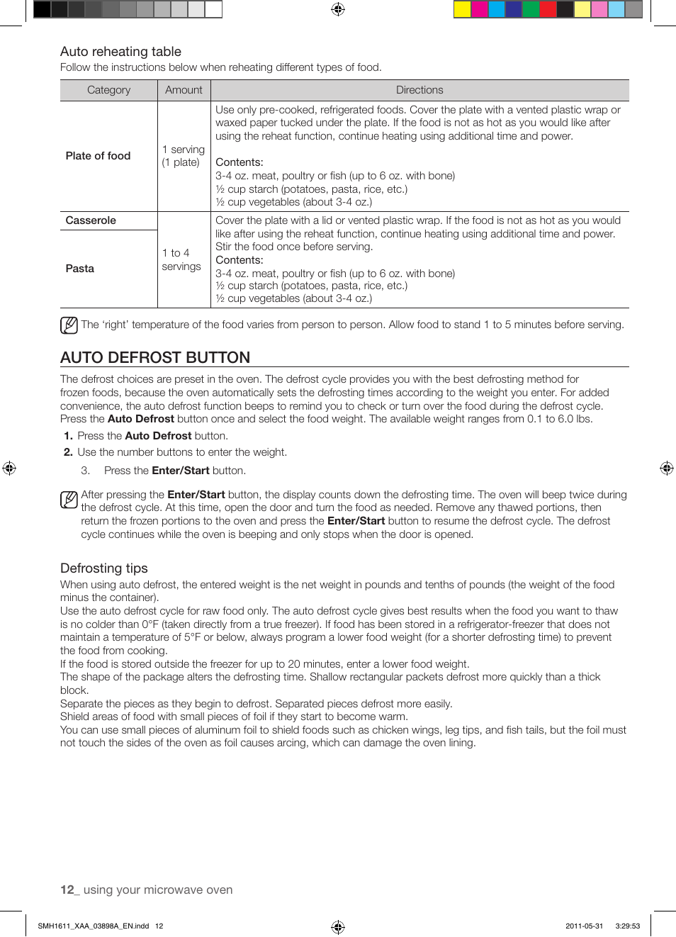 Auto defrost button, Auto reheating table, Defrosting tips | Samsung SMH1611B-XAA User Manual | Page 12 / 48
