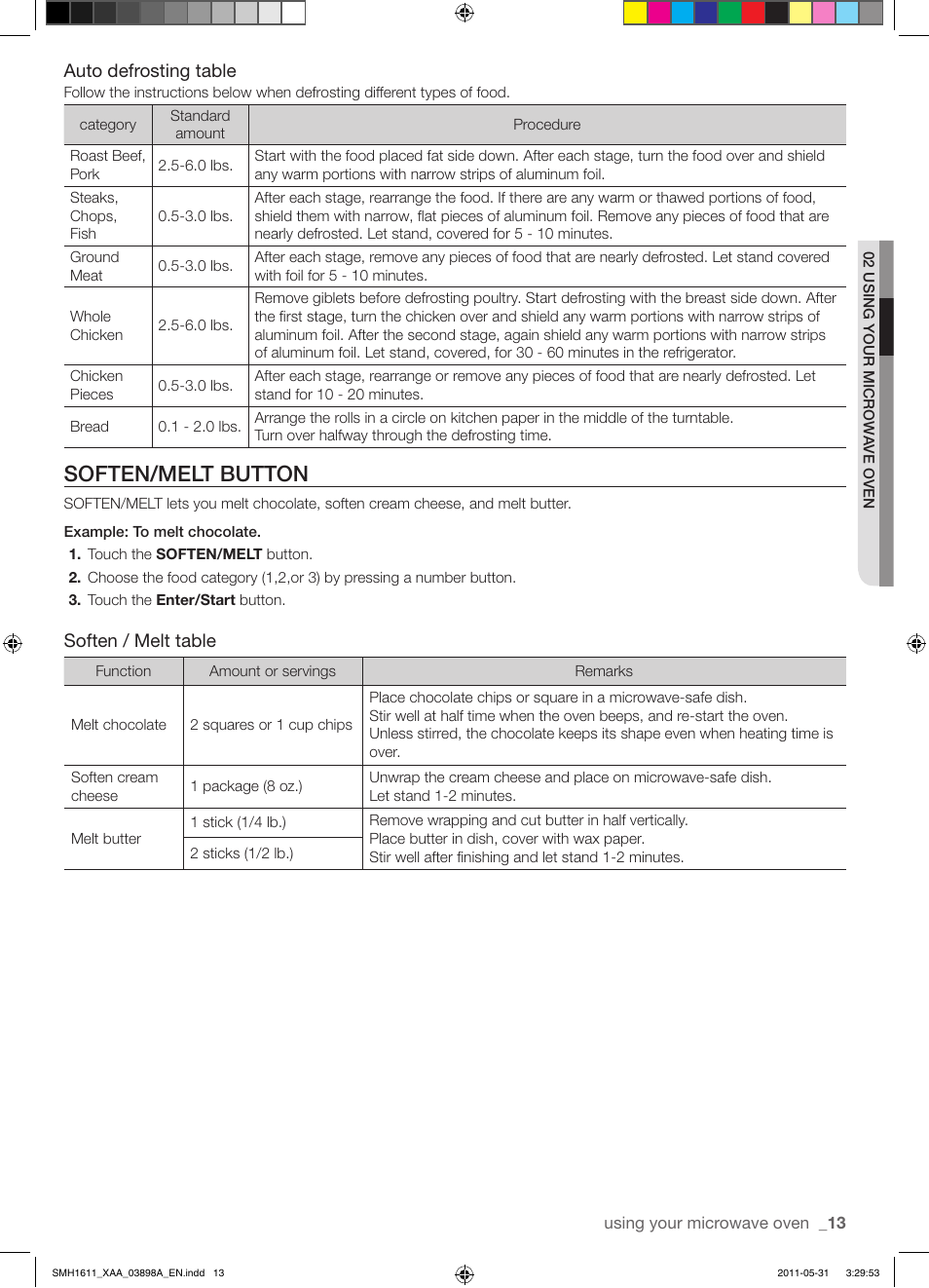 Soften/melt button, Auto defrosting table, Soften / melt table | Samsung SMH1611B-XAA User Manual | Page 13 / 48