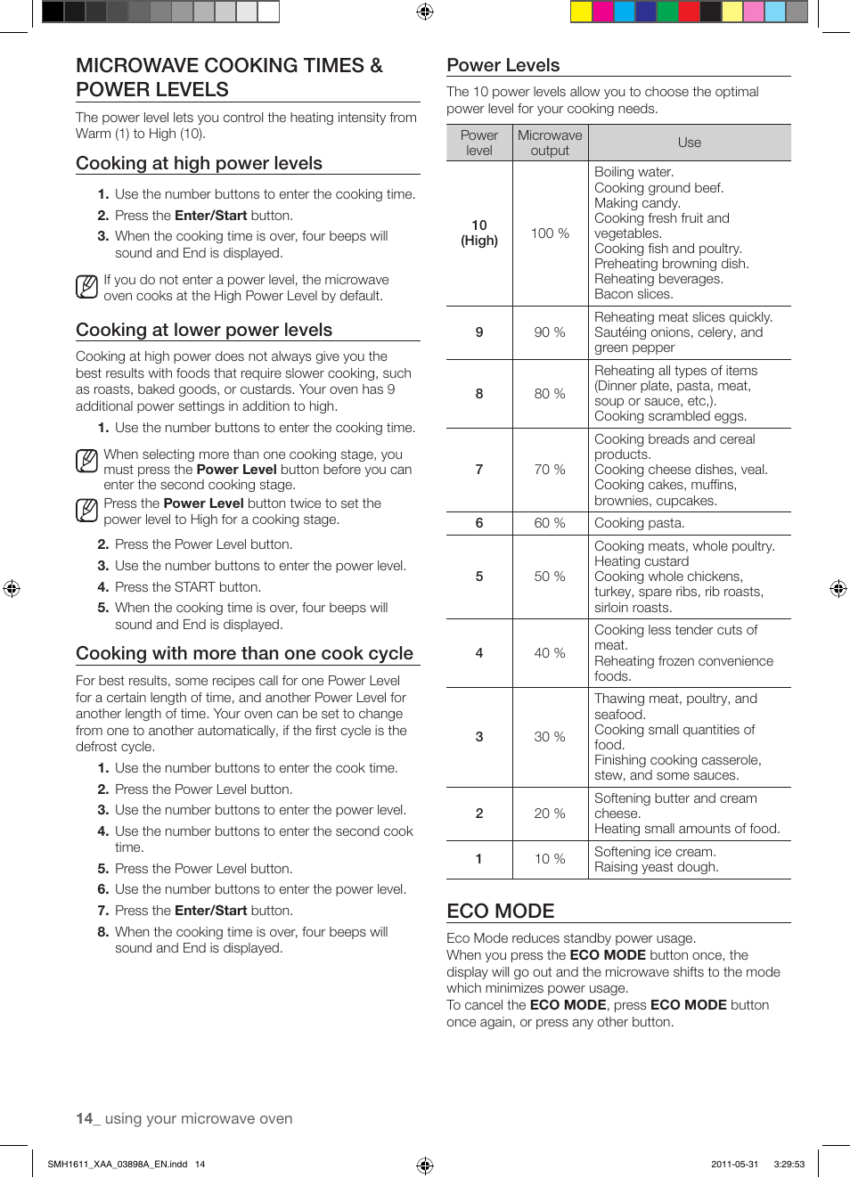 Eco mode, Microwave cooking times & power levels, Power levels | Cooking at high power levels, Cooking at lower power levels, Cooking with more than one cook cycle | Samsung SMH1611B-XAA User Manual | Page 14 / 48