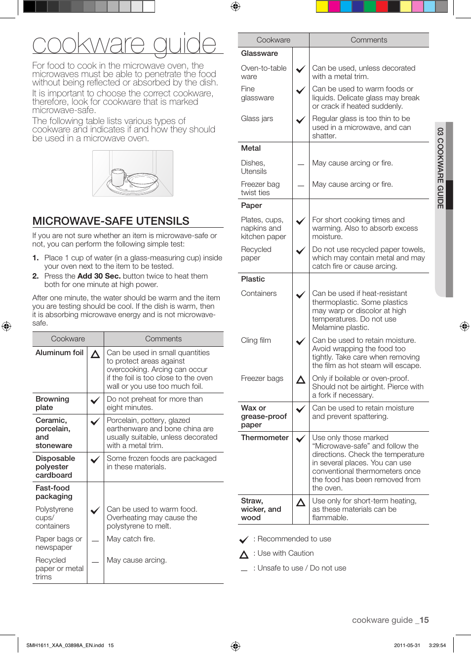Cookware guide, Microwave-safe utensils | Samsung SMH1611B-XAA User Manual | Page 15 / 48