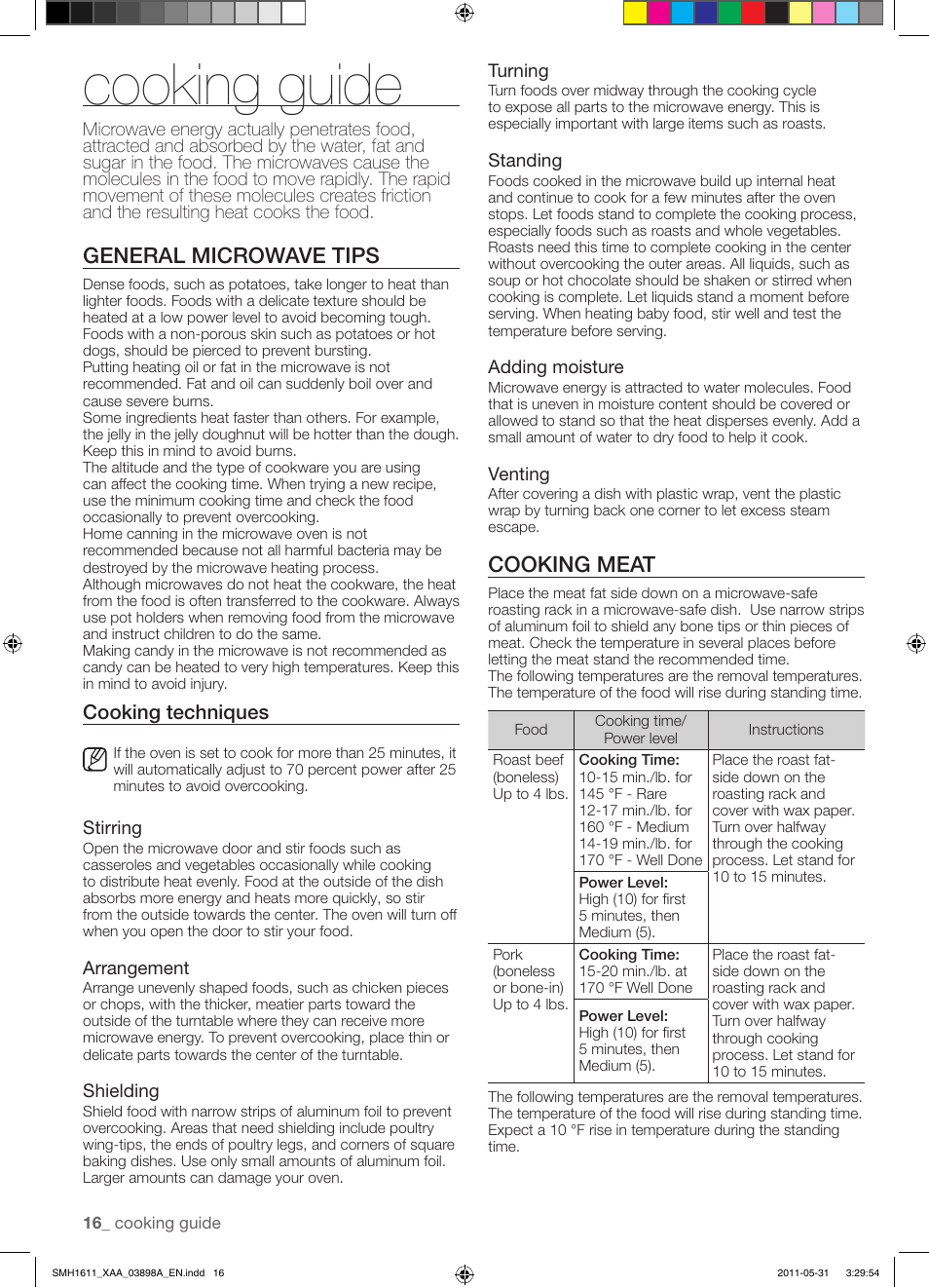 Cooking guide, General microwave tips, Cooking meat | Cooking techniques | Samsung SMH1611B-XAA User Manual | Page 16 / 48
