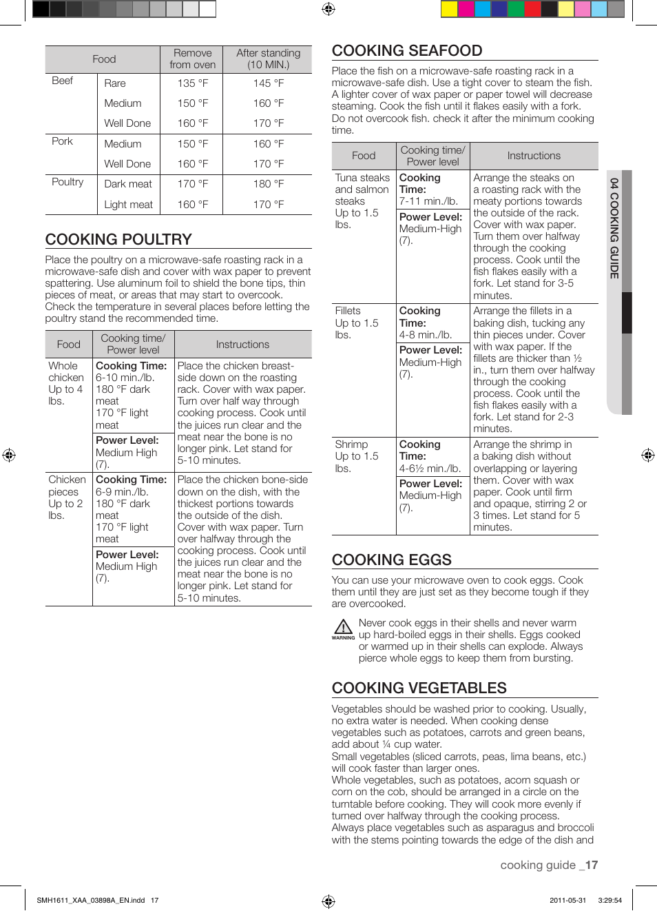 Cooking poultry, Cooking seafood, Cooking eggs | Cooking vegetables | Samsung SMH1611B-XAA User Manual | Page 17 / 48