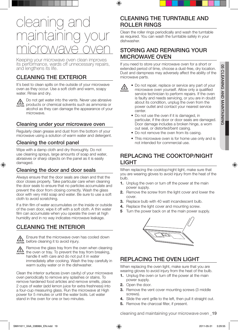 Cleaning and maintaining your microwave oven, Cleaning the exterior, Cleaning the interior | Cleaning the turntable and roller rings, Storing and repairing your microwave oven, Replacing the cooktop/night light, Replacing the oven light | Samsung SMH1611B-XAA User Manual | Page 19 / 48