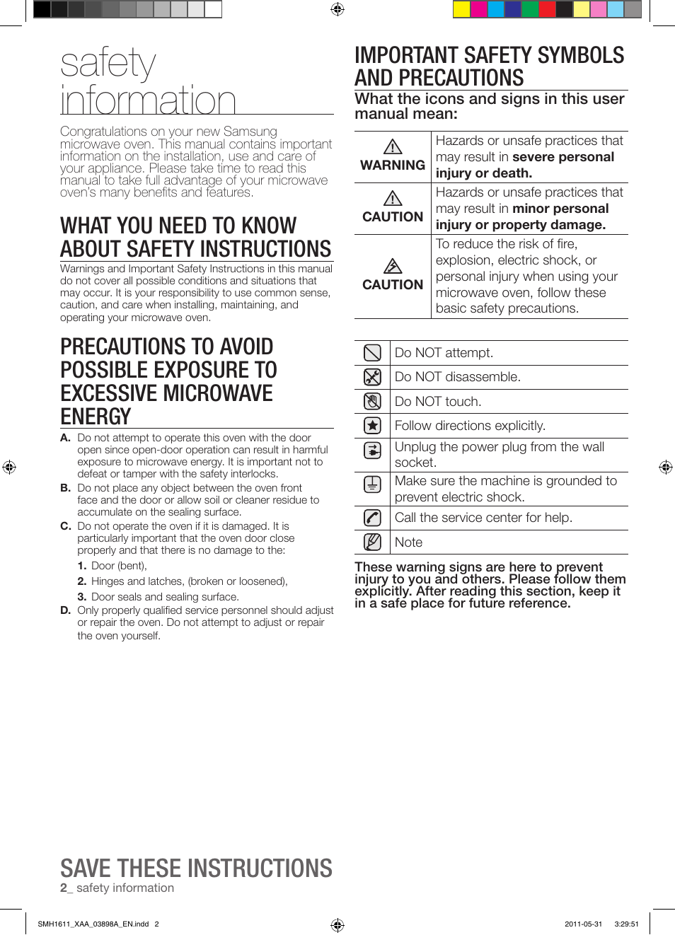 Safety information, Save these instructions, Important safety symbols and precautions | What you need to know about safety instructions | Samsung SMH1611B-XAA User Manual | Page 2 / 48