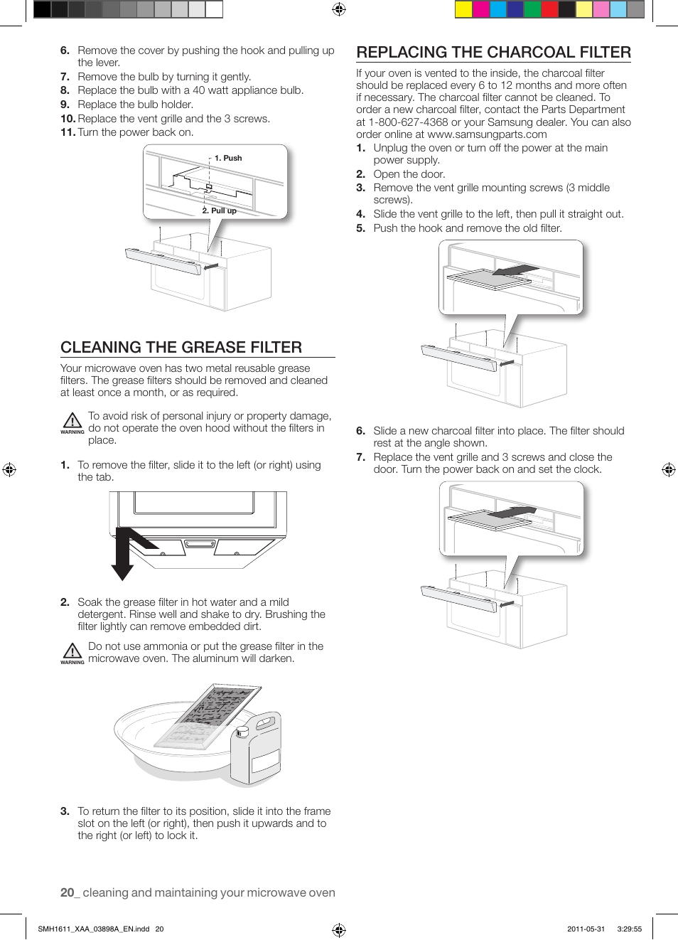 Cleaning the grease filter, Replacing the charcoal filter | Samsung SMH1611B-XAA User Manual | Page 20 / 48