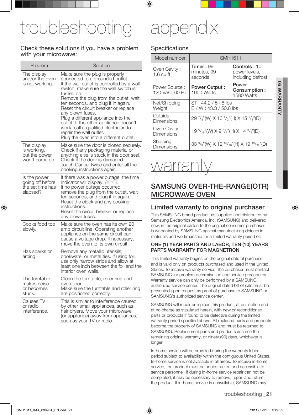 Troubleshooting, Appendix, Warranty | Samsung over-the-range(otr) microwave oven, Limited warranty to original purchaser, Specifications | Samsung SMH1611B-XAA User Manual | Page 21 / 48