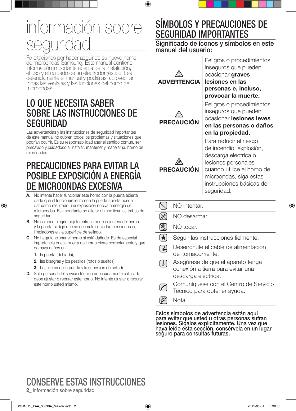 Información sobre seguridad, Conserve estas instrucciones, Símbolos y precauciones de seguridad importantes | Samsung SMH1611B-XAA User Manual | Page 26 / 48
