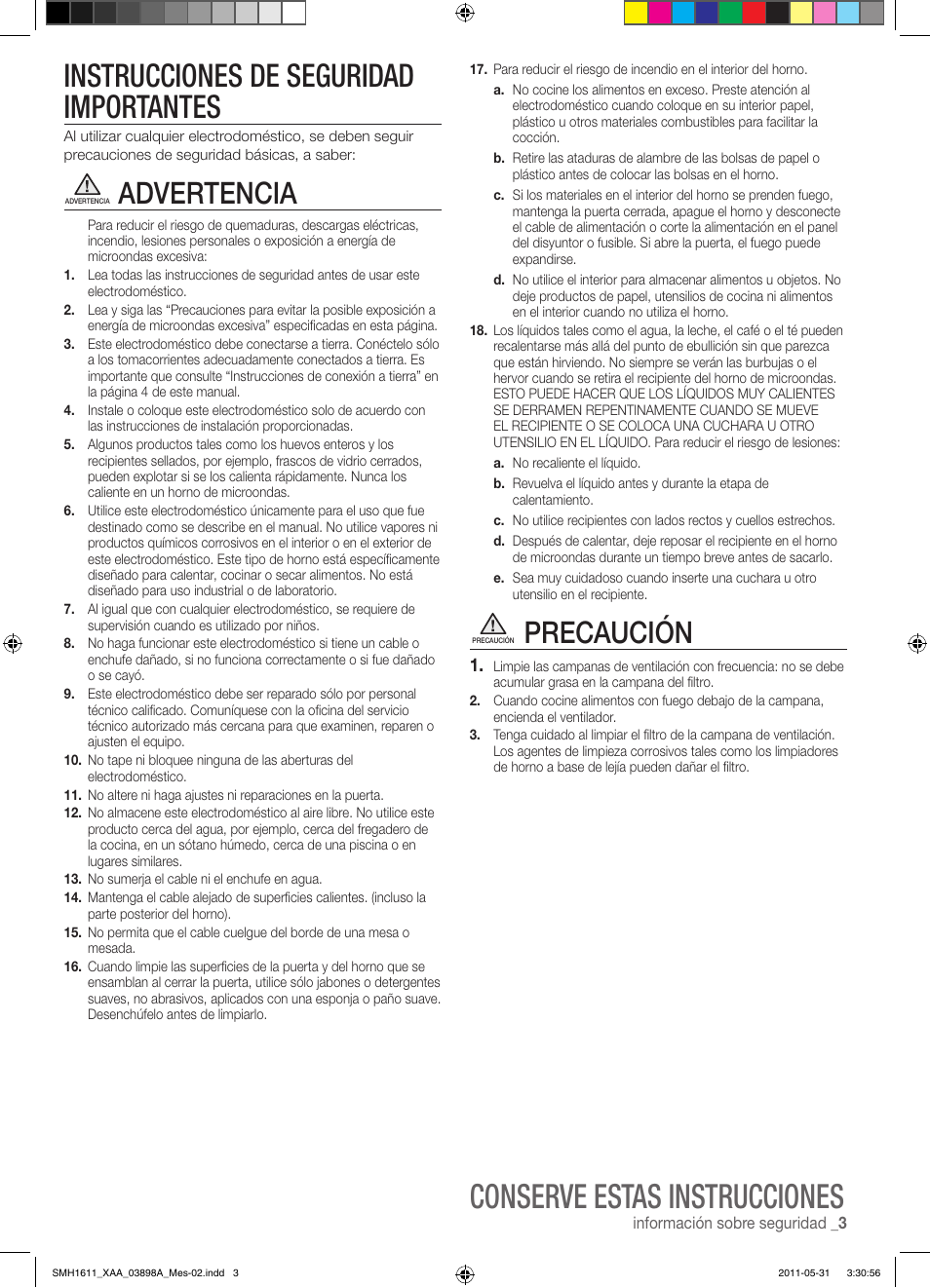 Conserve estas instrucciones, Instrucciones de seguridad importantes, Advertencia | Precaución | Samsung SMH1611B-XAA User Manual | Page 27 / 48